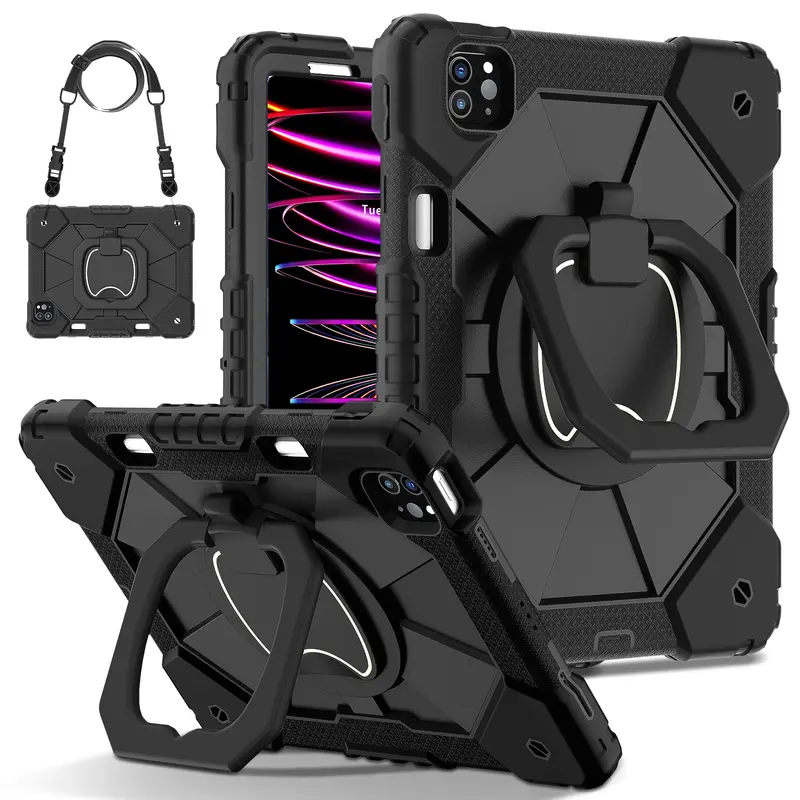 Military-Grade Shockproof Case for iPad Pro (M5) 2025 , Compatible with iPad (A16) 11th/10th / iPad Air / iPad Mini - Rotating Stand with  Pencil Holder & Shoulder Strap - Heavy Duty Drop-Proof Cover for Kids/Adults - Black