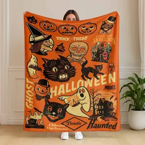 Vintage Halloween Flannel Blanket Spooky Ghosts and Black Cats Print Lightweight Warm Cozy Perfect for Halloween Parties Haunted Houses Autumn Decor Living Room Bedroom Dorm Gifts for Halloween Enthusiasts Cozy Fall Season.