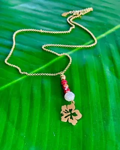 Gold Stainless Steel Necklace with Flor de Maga, Pearl & Pink Beads