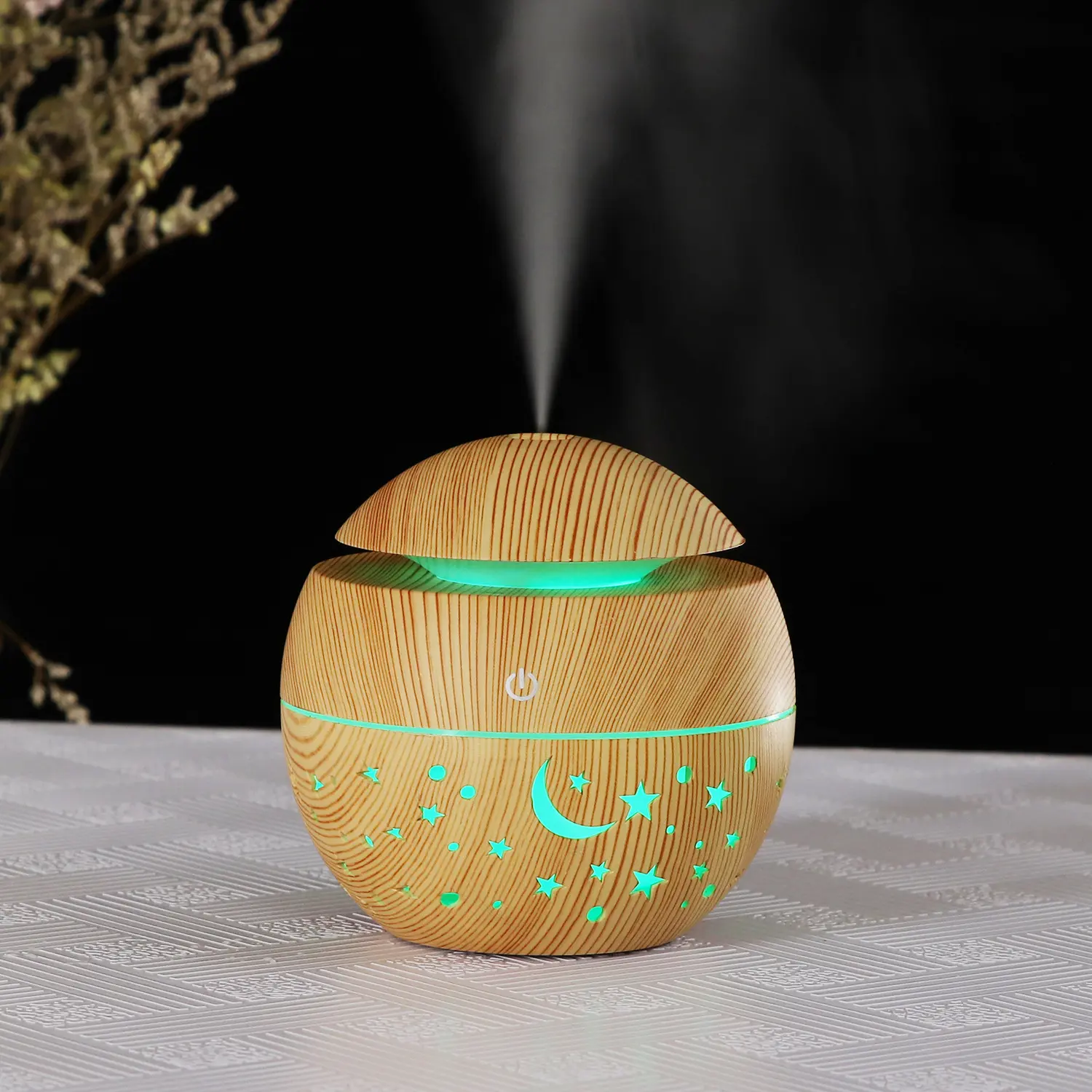 130ML Hollow Star-Moon Ultrasound Silent Miniature Space-Saving Air Humidifier - 7-Color Changing LED Glow, 13*13cm Compact Translucent Lightweight Portable Scented Aromatherapy Diffuser, Button-Controlled, Essential Oil Compatible for Home, Office