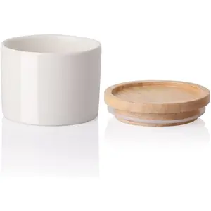 Kitchen Ceramic Food Storage Canisters, Stackable Containers with Airtight Seal Wooden Lid for Ground Coffee, Tea, Sugar, Spice and More - 5 Fl Oz(White)
