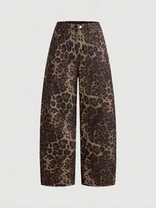 Women's Casual Retro Leopard Print Wide Leg Jeans, Vintage, Fall Women Clothes