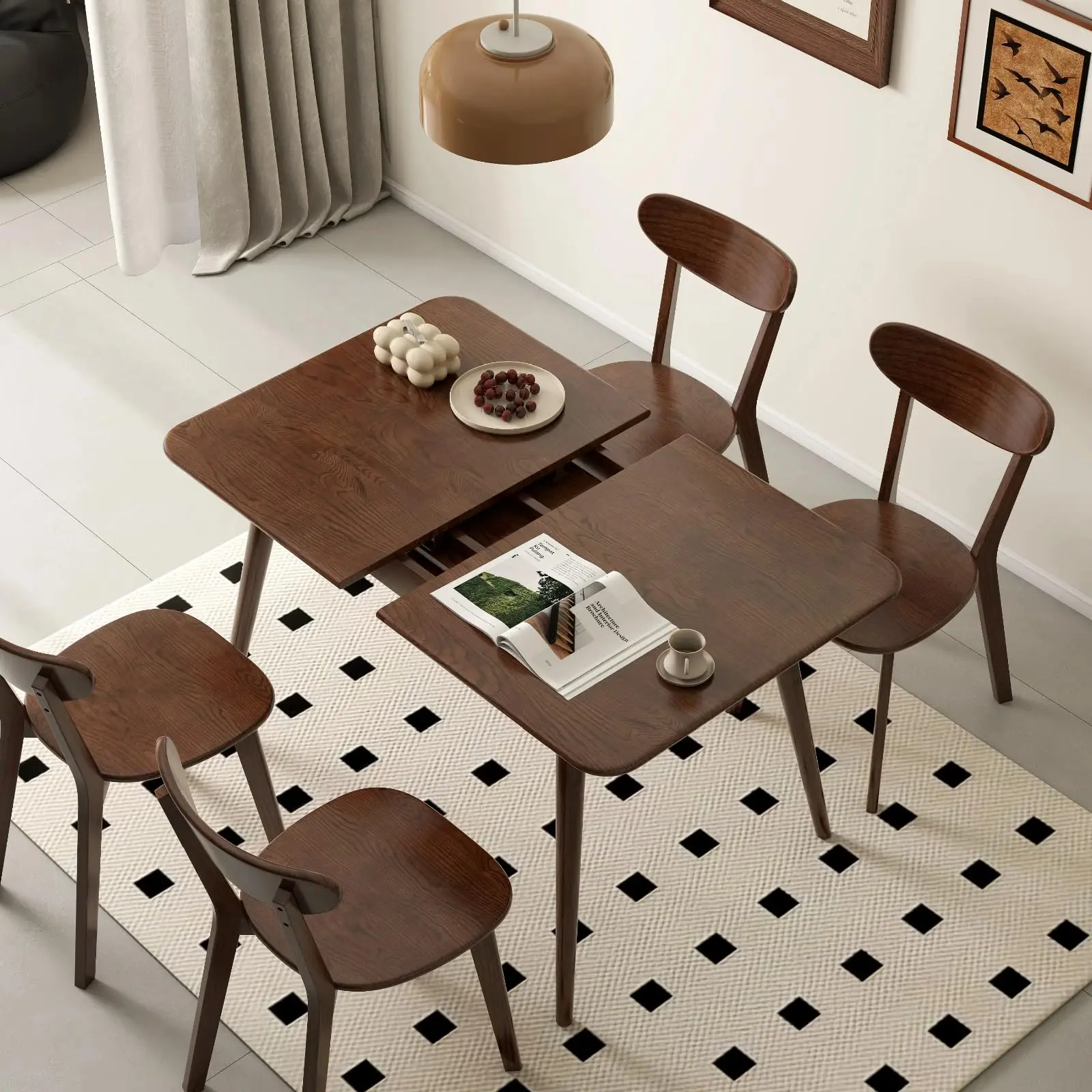 YESWOOD Solid Wood Extendable Walnut Table, 100% Oak Foldable Desk, Mid Century Modern Dining Desk for Kitchen, Apartment, Living Room