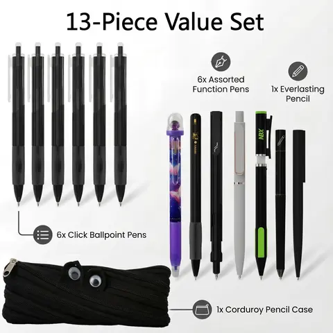 Rarler 13PCS Smart Pen Set with Monster Pencil Case - 8 Unique Styles (Twist, Everlasting, Grip, 1 Click, Retractable, 1 Agile, Erasable Gel, 6x0.5mm Ballpoint) - Multiple Uses Pens for Work, Back to School Supplies for Students