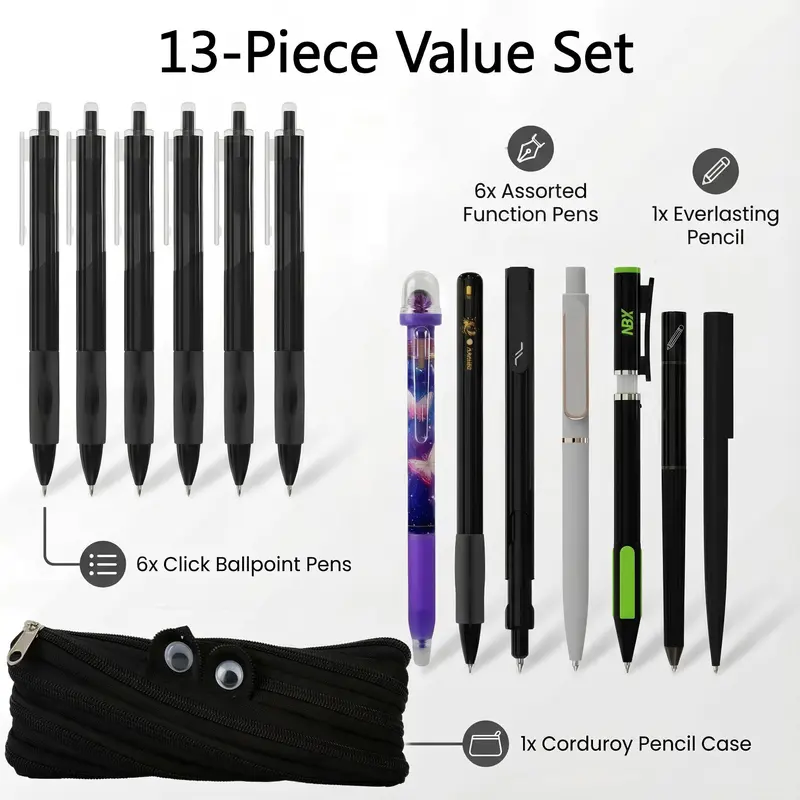 Rarler 13PCS Smart Pen Set with Monster Pencil Case - 8 Unique Styles (Twist, Everlasting, Grip, 1 Click, Retractable, 1 Agile, Erasable Gel, 6x0.5mm Ballpoint) - Multiple Uses Pens for Work, Back to School Supplies for Students