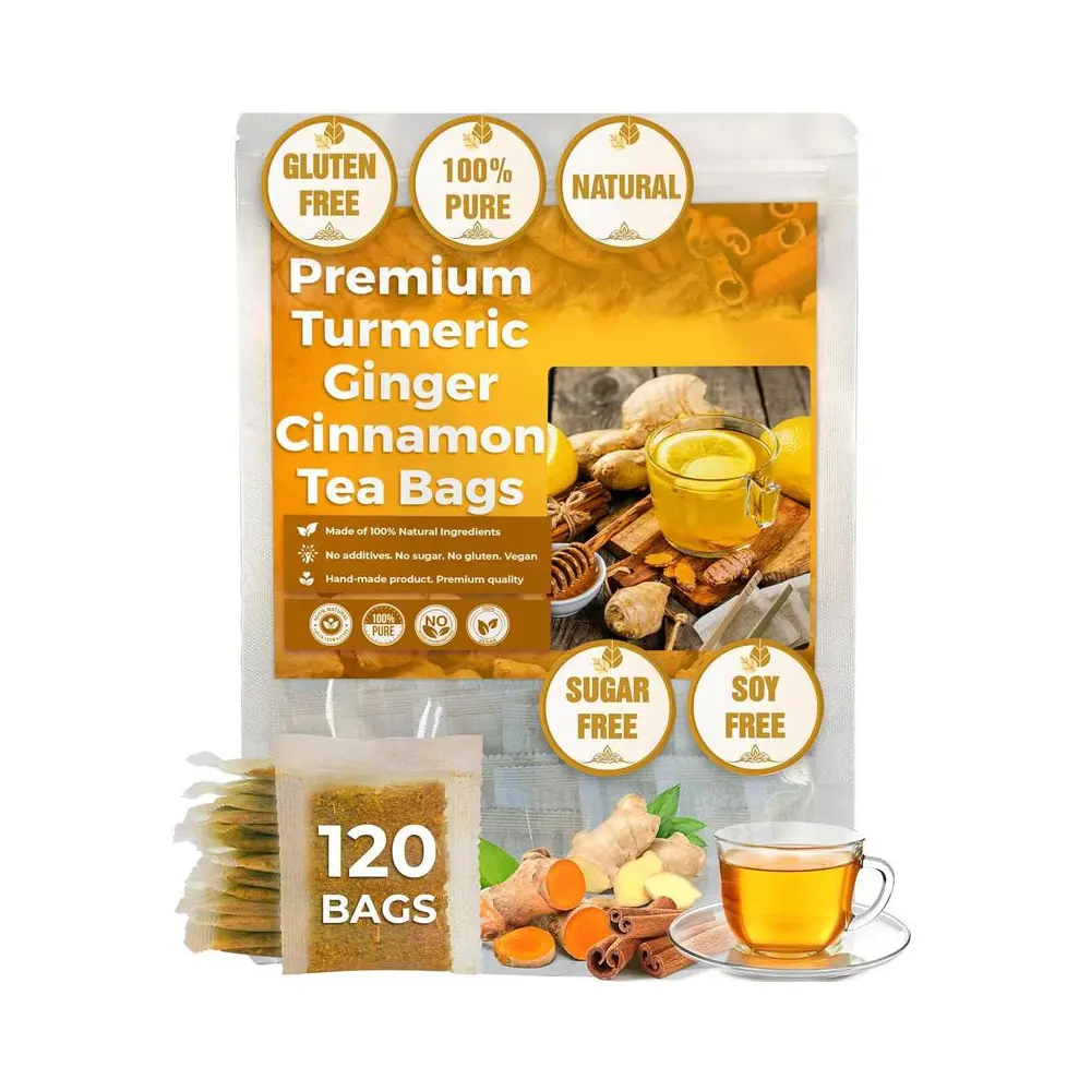 Turmeric Herbal Tea Bags - Spiced with Ginger & Cinnamon, Pure Powdered Form, No Milk & No Sugar, Vegan, Gluten-Free, Keto-Friendly, Caffeine-Free, Natural for Thanksgiving & Summer Use