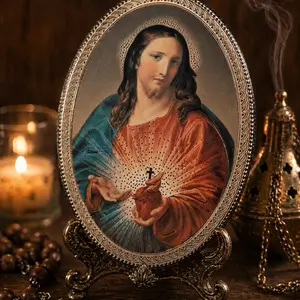 Sacred Heart of Jesus Oval Icon Made in Italy | Catholic Wall Art | Gold Foil Religious Plaque | Christian Home Altar Decor