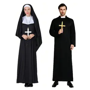 2pcs Halloween Jesus Costume for Men, Missionary Priest with Pendant, Includes Mary Father Costume Set