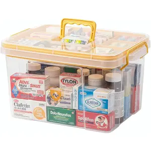 Pulseplay Clear Medicine Storage Box with Handle Portable Medicine Cabinet Organizer Multipurpose Plastic Storage Box with Removeable Tray for Home Office Travel Outdoor (Yellow)