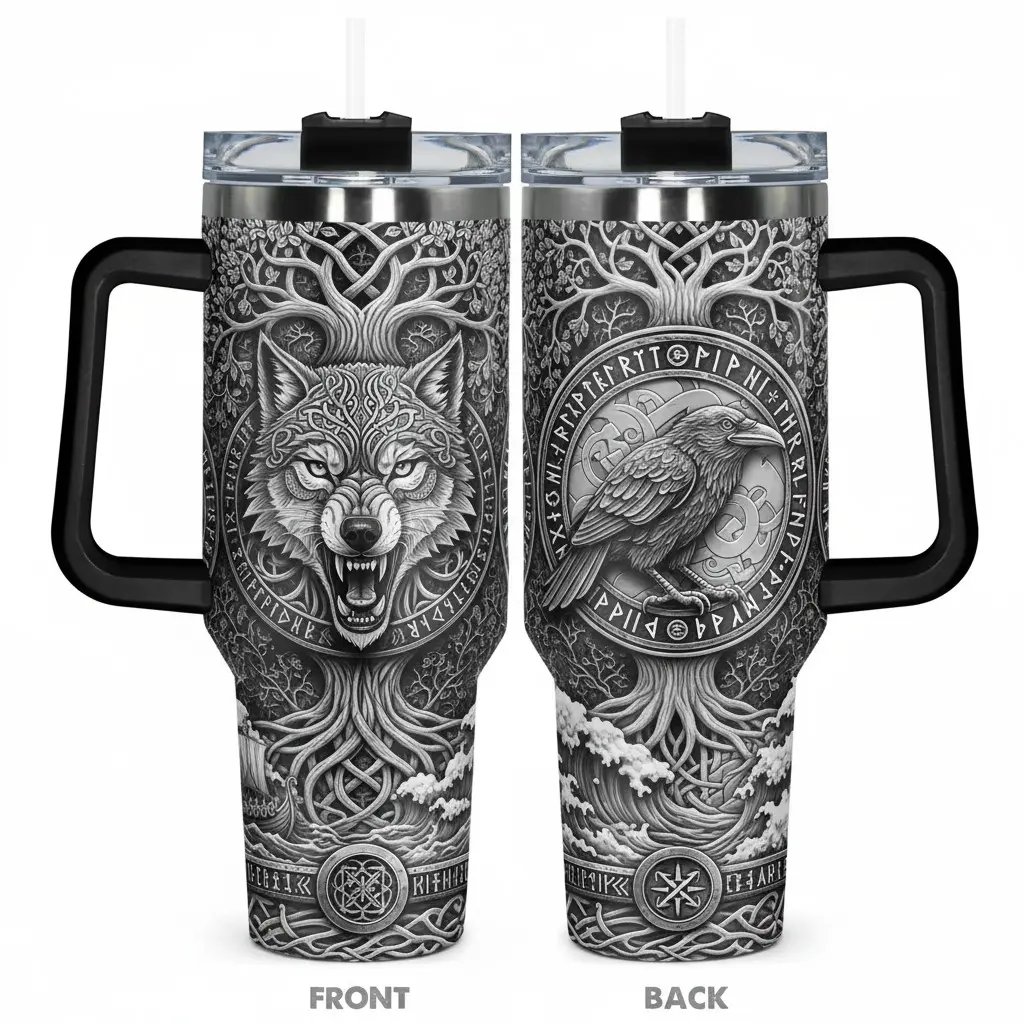 Nordic Mythology Fenrir & Odin Raven 40oz Insulated Tumbler - Intricate Yggdrasil World Tree & Elder Futhark Etched Design, 24+ Hours Ice Cold Retention, 1.18L Travel Mug for Gym, Outdoor Adventures & Sports - Ideal Easter/Birthday Gift for Dad, Husb