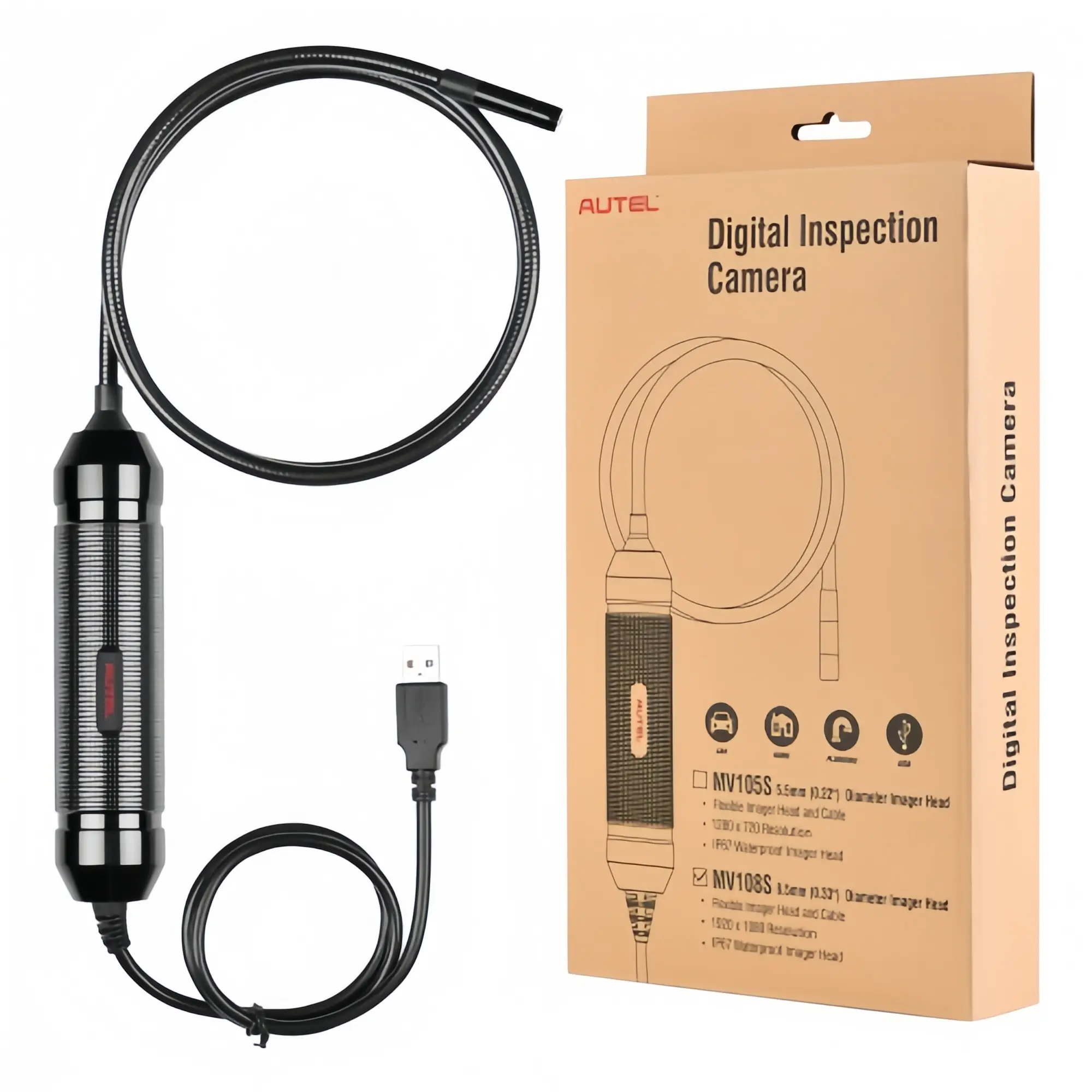 Original Autel MaxiVideo MV108S 8.5mm Digital Inspection Camera Kit with Crystal Lens, Built-In Lights, Durable Cable, Water-Proof Design, and Recording Function for MaxiSys Tablets