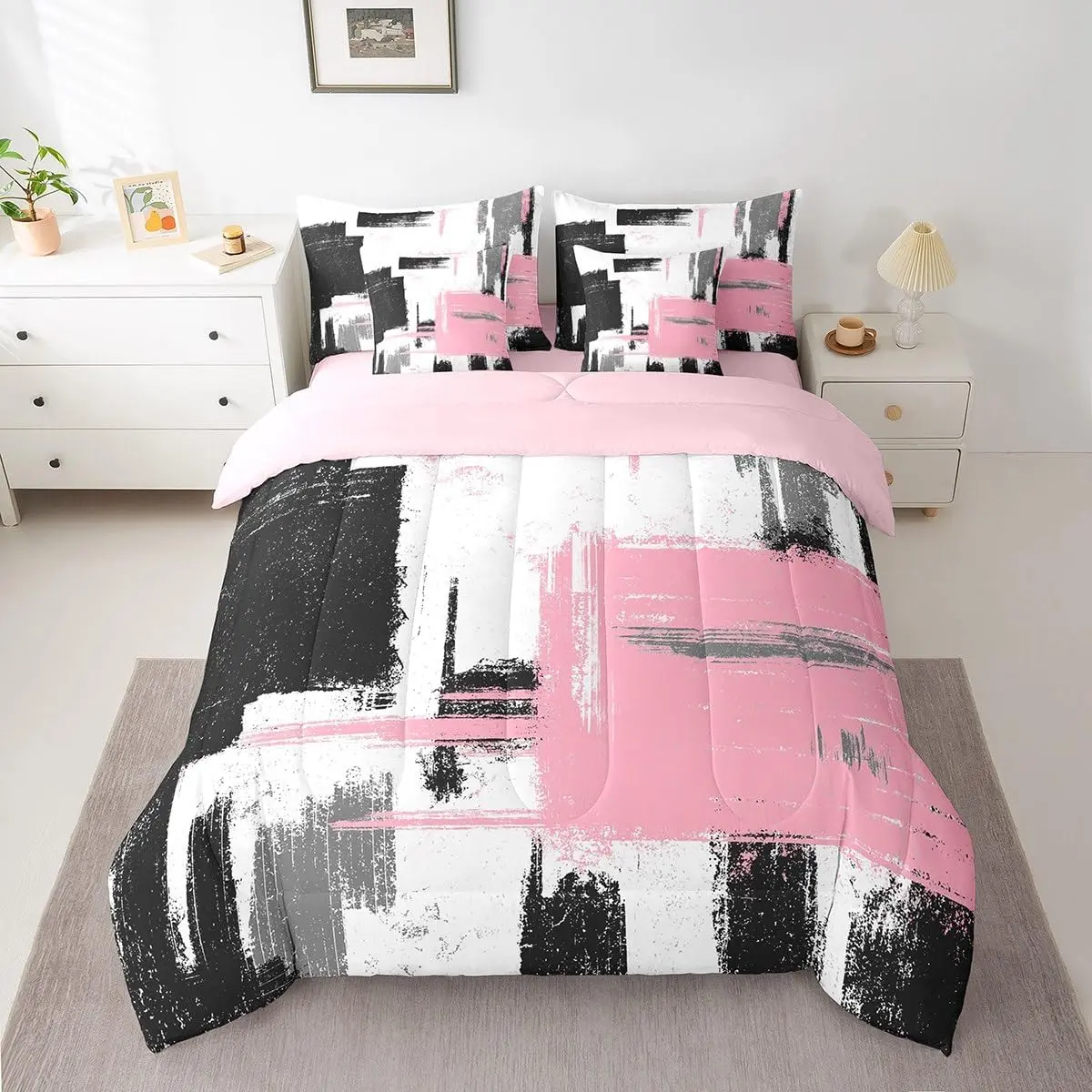 Feelyou 7-Piece Microfiber Bedding Set, Modern Abstract Art Comforter, Black-Pink-White Design, Includes Sheet Set, Pillowcases & Pillow Covers, Bed Comforter Set