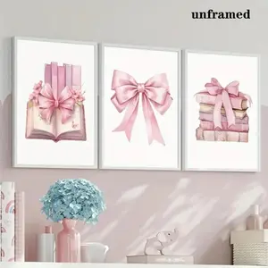 3pcs Frameless Beautiful Pink Bow Girl's Beloved Girl's Room Home Decoration Fashion Canvas Painting Wall Art Pictures Women's Bedroom Decoration Style