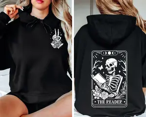 The Reader Tarot Card Front And Back Hoodie, Skeleton Reading, Book Lover Gift For Women, Book Lover Hoodie, Tarot Card