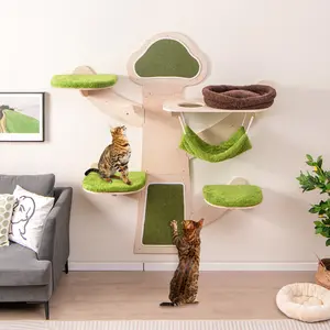 COSTWAY - Wall-Mounted Cat Tower Cat Wall Shelves Furniture with Bed-Green