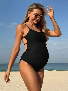 PRINCELY Pregnant Women Elegant Ribbed Backless One-Piece Swimsuit For Summer Beach Vacation