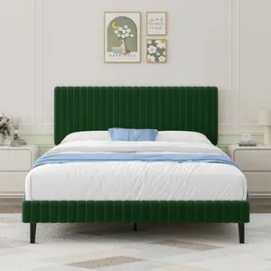 Upholstered Bed Frame, Velvet Upholstered Bed Frame With Headboard And Footboard, Vertical Channel Tufted Headboard, White/ Black/ Pink/ Green/ Blue, Twin/ Full/ Queen/ King, Velvet Fabric, Modern, Includes Slats