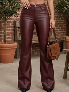 Women's High-Waisted Flared Pants, Burgundy Bell Bottoms, Vintage Street Style Trousers