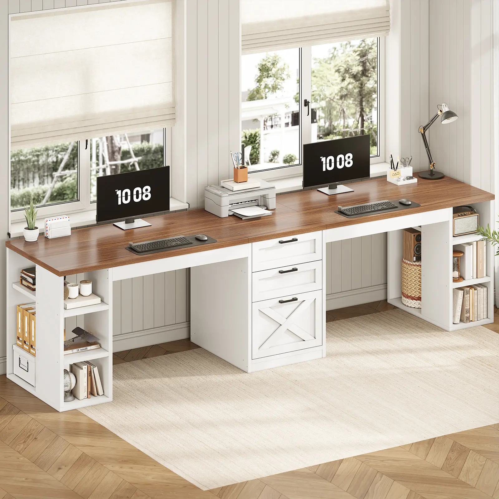 Sedeta 96.5"l x 19.7"w Rustic Farmhouse Durable Computer Workstation - 2-Person Large Desk Bureau, Furniture-Style & Modern Computer Workstation with Drawers, Storage Shelves, Bookshelf for Home Office, Bookshelf With Drawers, Durable Computer Workstation