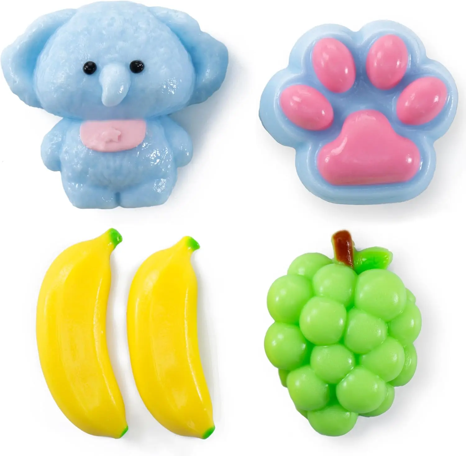 4PCS Unisex Squishy Kits - PVC-Free Cartoon Slime & Squishy Toys, Oddly Satisfying Cat Paw, Banana, Grape, Elephant Sticky Fidget Toys for Stress Relief, Birthday Party Favors