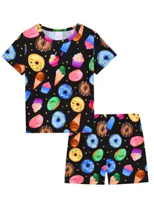 Girls' 2-Piece Short Pajamas Set, Donut & Ice Cream Print, Casual Soft Comfortable Home Sleepwear, Ideal for Daily Wear, Play, Outdoor Camping, Fruit Print Pajamas, Pajama Outfit