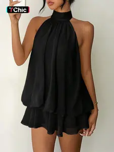 Chiffon Halter Backless Mini Fitted Dress Sexy Solid Beach Wear Vacation Holiday Ruffles Summer Dress