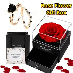 Heart Ring Set with Rose Flower Box Artificial Zircon Inlay Rings for Women, Elegant Engagement Ring Jewelry Gift for Daily Wear Promise Ring