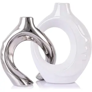 White and Silver Ceramic Vases for Home Decor, Boho Vase for Flowers Pampas Grass Decorative, White Silver Hollow Donut Small Vase for Living Room Table Wedding Centerpiece Modern Vases