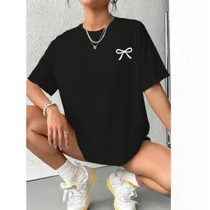 Bow Print Round Neck Tee for Women – Casual Short Sleeve Shirt Perfect for Any Season
