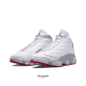 White, Grey and Red High-Top Retro Basketball Shoes with Pebbled Leather and Suede Upper, Red Accents and White Midsole