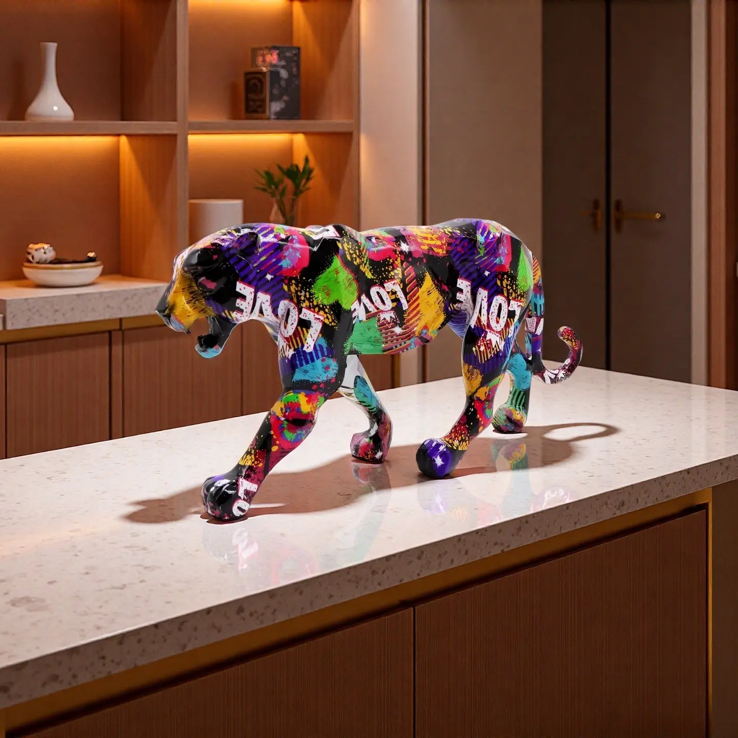 Colorful Love Graffiti Leopard Resin Figurine, Animal Figurines, Living Room Entrance Office Decor, Modern Luxurious Style Soft Furnishing Prop, Resin Animal Sculptures, Modern Home Decoration