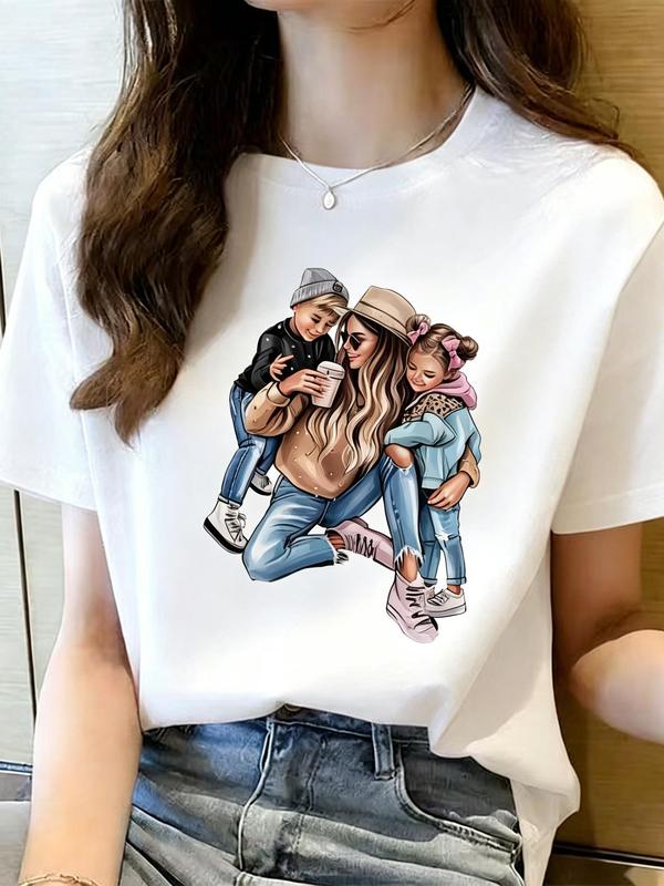 Women's Oversized Vintage Graphic Round Neck T-Shirt - Ultra-soft Cotton Short Sleeve Piece, Loose-Fitting Mom & Kids Family Love Print, Breathable Everyday Fabric, Casual Retro Wear, Mother's Day Gift, Color-Sorted Wash, No Bleach