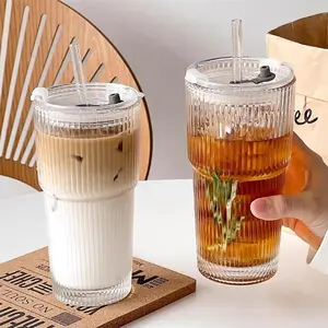 Multi Set Glass Drinkware Combo 8 Ribbed 4 Unribbed Glass Cups 8 Lids 8 Straight Straws 4 Wooden Plastic Lids 4 Straws 3 Brushes Total For Cold Drinks Milk Tea Breakfast
