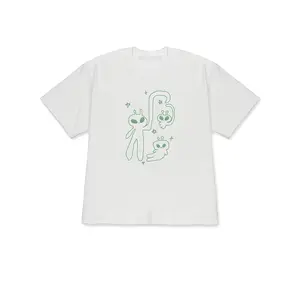 2026 Spring/Summer Oversized Drop-Shoulder T-Shirt - Green Short Sleeve with Starry Alien Trio Graphic, Casual & Skin-Friendly