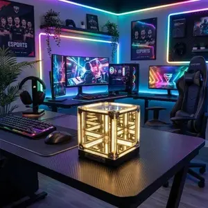 Infinity Mirror RGB Cube Light, 4D Abyss LED Lamp with Wireless Charging, Aesthetic Gaming Desk Setup, Ambient Room Decor Gift