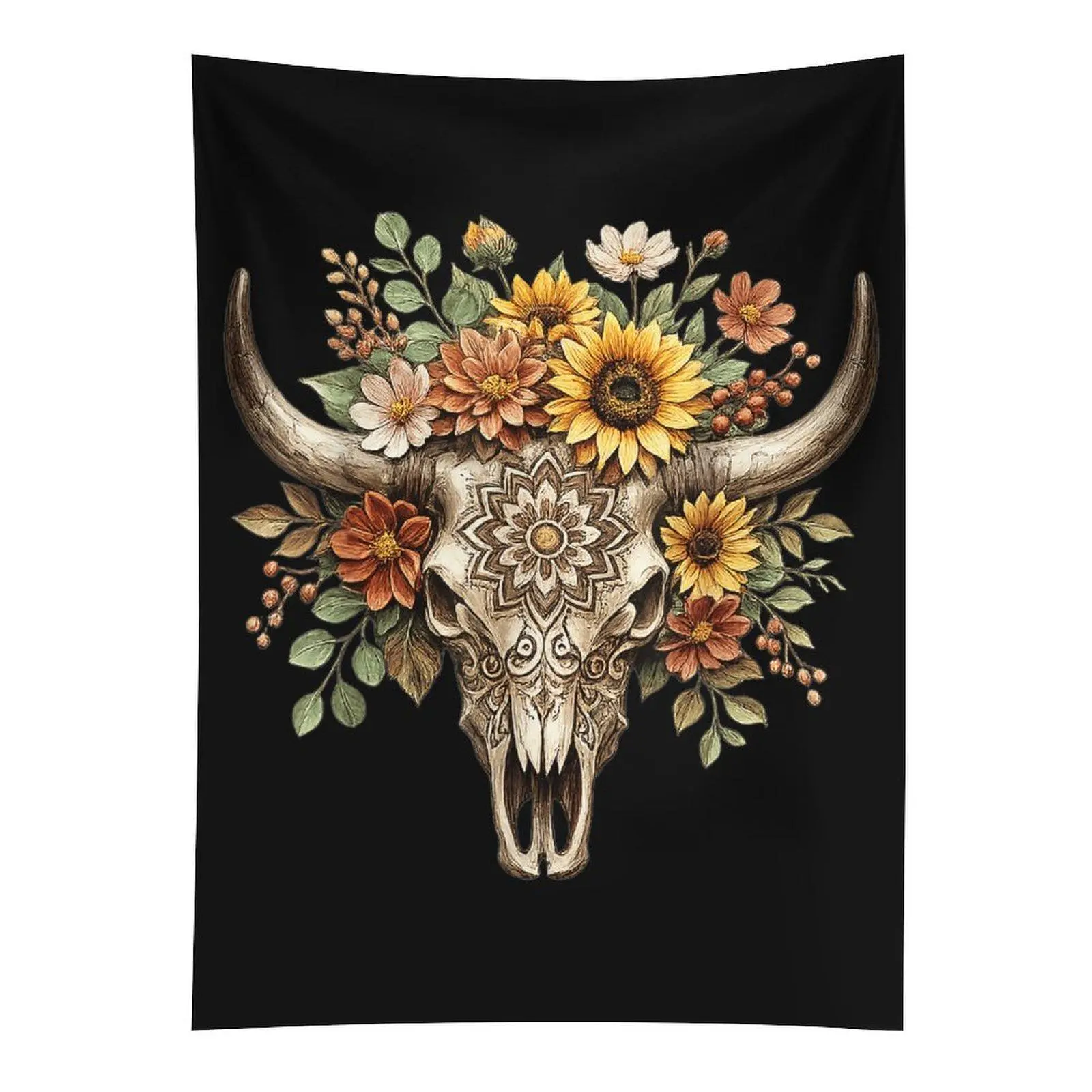 Western Bull Skull Floral Wall Tapestry, Rustic Wild West Wall Hanging, Boho Bedroom Living Room Decor
