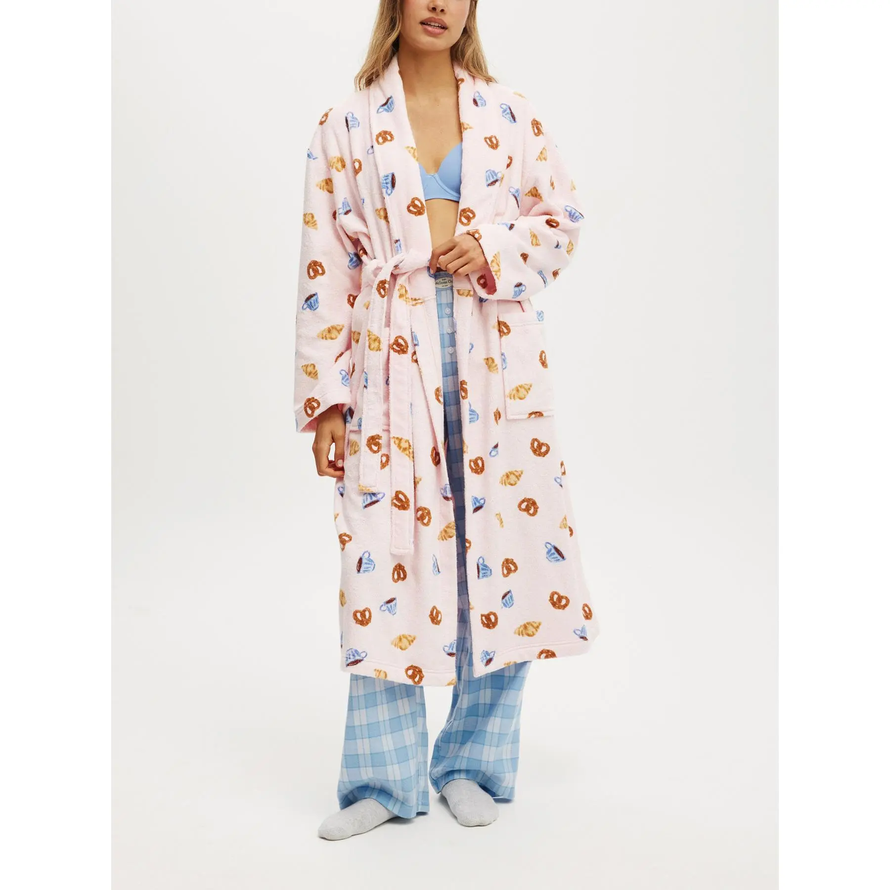 Women's Polyester Plush Soft Long-Sleeve Belted Striped Bathrobe with 2 Pockets - Lady's Pajamas & Loungewear for Spa, Pool