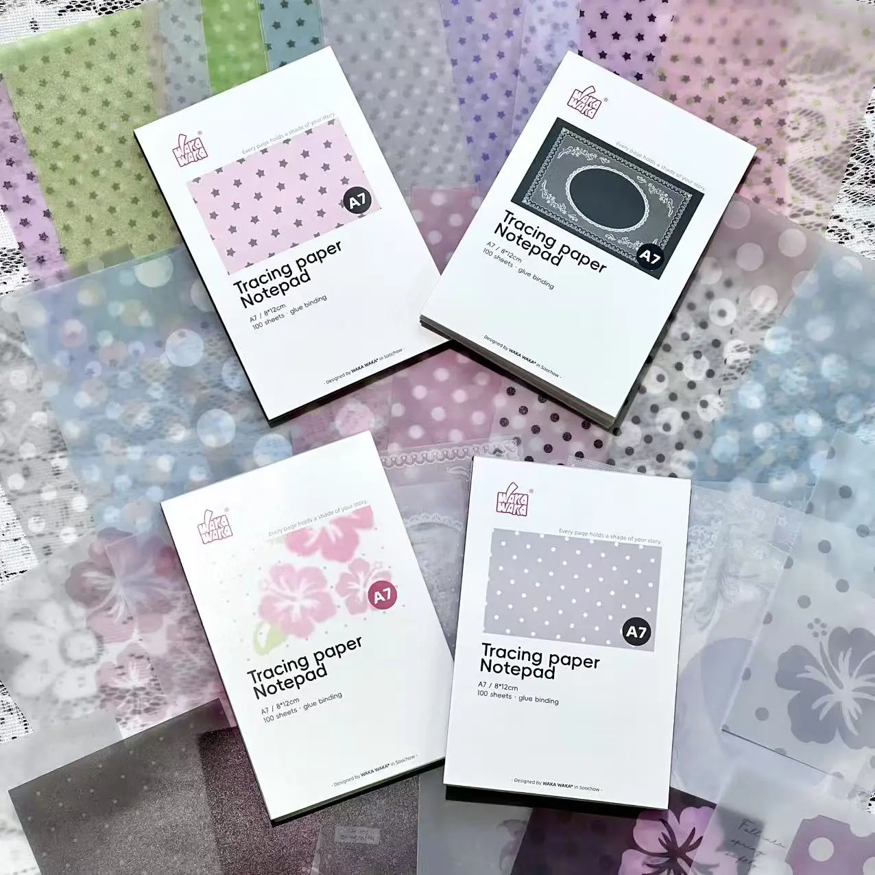A7 Transparent Sulfuric Acid Decorative Paper (100 Sheets) - Scrapbooking, Journaling Supplies with Polka Dots, Stars, Florals, Lace Designs
