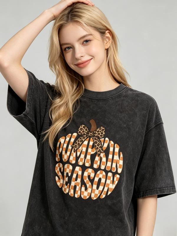 Lady's Cotton Casual Oversized T-Shirt - Women's Acid Wash Vintage Fall Pumpkin Season Halloween Graphic Short-Sleeve Crew Neck Top