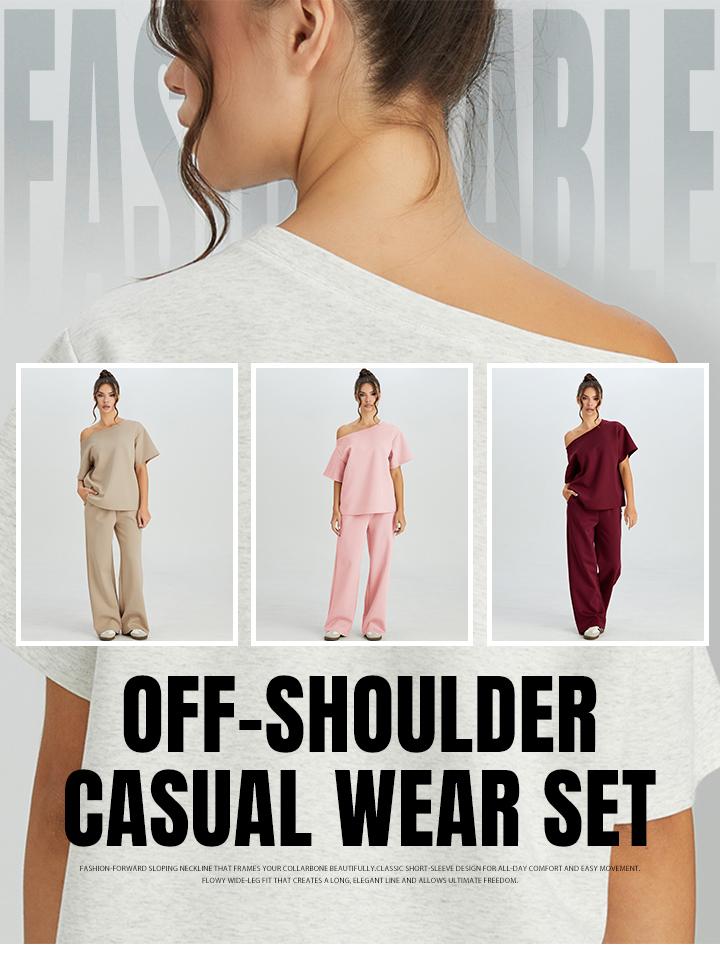 KatchMe Women's Leisure Solid Color Sloping Shoulder Short Sleeve Top & Drawstring Waist Wide Leg Trousers Co-ord, Minimalist Two Piece Outfits Womenswear Casual Wideleg