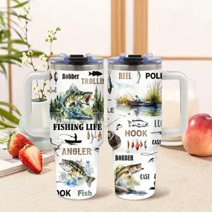 1-Pack 40oz Stainless Steel Fishing Tumbler with Handle, Lid & Straw - BPA-Free, Leak-Proof, Fish Design with Lures & Hooks - Car & Home Use, Father’s Day/Birthday Gifts for Men, Fishing Enthusiasts