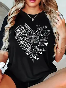 Women's Casual Short Sleeve Round Neck T-Shirt - Hand-Painted Wing & Heart Design with Your Wings Were Ready But My Heart Was Not Quote - Black & White Contrast Artistic Print - Medium Stretch Machine