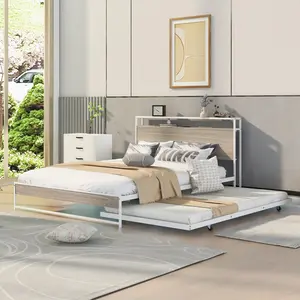 Queen Platform Bed with Trundle and USB Ports, Metal Queen Bed Frame with Storage Headboard and Steel Slat Support, for Bedroom and Guest Room (Queen Size, White)