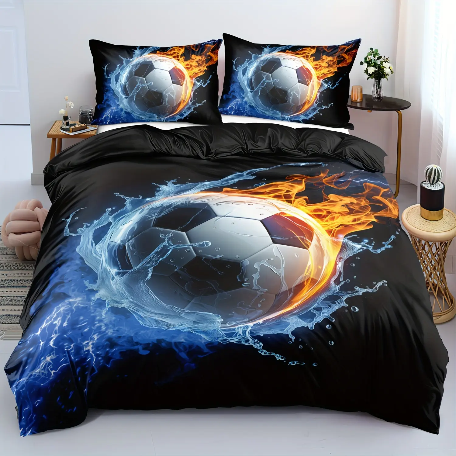 Boys' Football Print Bedding Set - 2/3-Piece Duvet Cover Set, 90g Fabric, Digital Printed, Zipper Closure, Soft, Durable, Machine Washable, No Filling, Includes 1 Duvet Cover & 2 Pillowcases, Suitable for Single Bed, Three Pieces