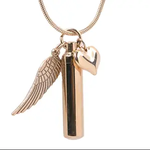 Rose Gold-tone Cylinder Cremation Pendant with Angel Wing and Heart Charm