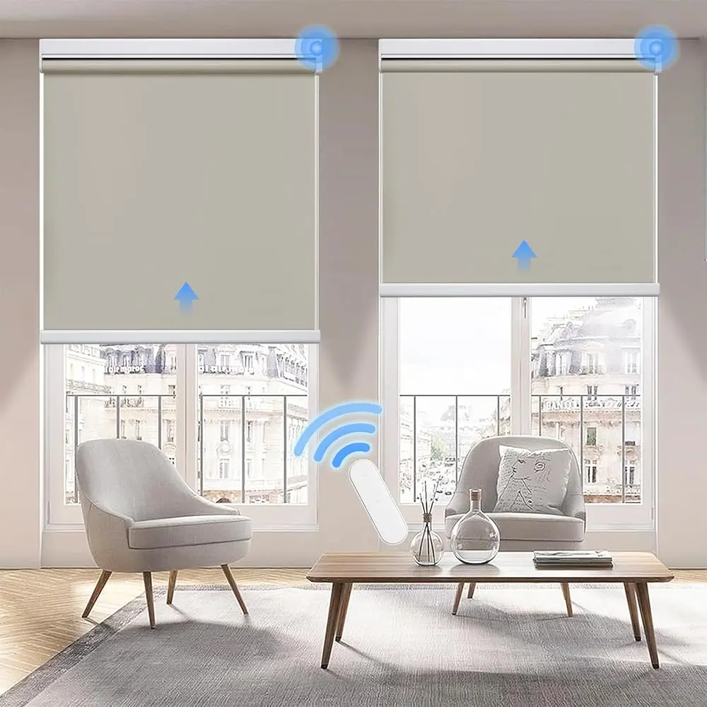 Grandekor Motorized Roller Shade with Remote Control,Electric Blinds 100% Blackout Shades with Remote, Cordless Window Blinds Shades for Bedroom Living Room Office,White,Darkening Shade,Blackout Cordless