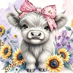 Watercolor White Highland Cow Pink Bow Sunflower Diamond Art Kit - 11.8"×11.8"