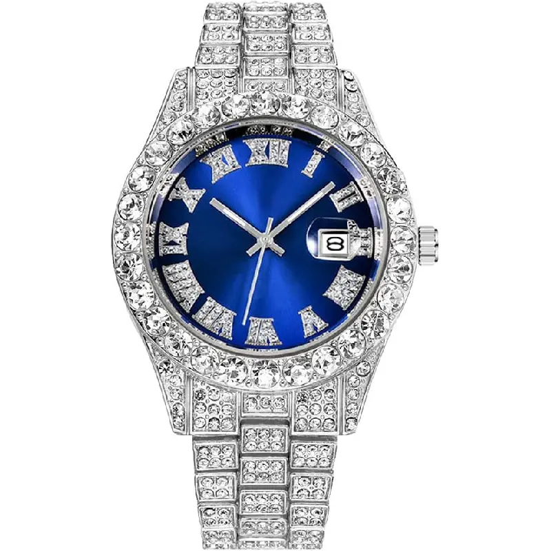 Men Iced Out Full Crystal Rhinestone Quartz Analog Wrist Watch Luxury Diamond Bling Bracelet Timepiece Hip Hop Shiny Stone Fashion Accessory Gift for Men Boys Club Party Daily Wear Jewelry