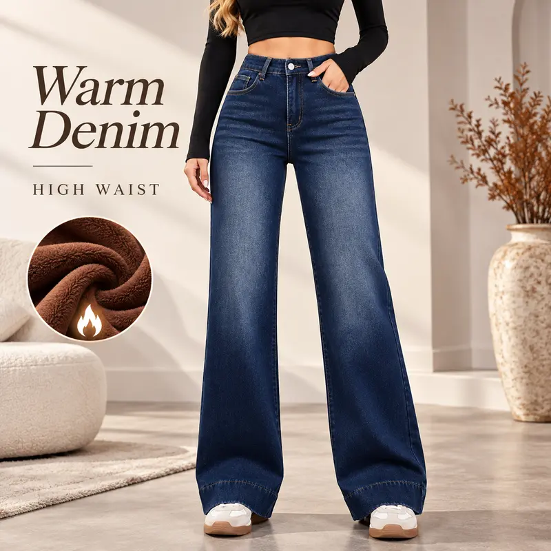 Women’s Basic Fleece-Lined High-Waisted Wide-Leg Pocketed Denim Jeans, Warm Thermal Lady’s Casual Wear Full-Length Loose Bottoms with Pockets for Fall Winter Cold Weather Outfits