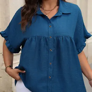 Women's Plus Size Button Up Lapel Shirt, Summer Fashionable And Elegant Office Short Sleeved Shirt Top